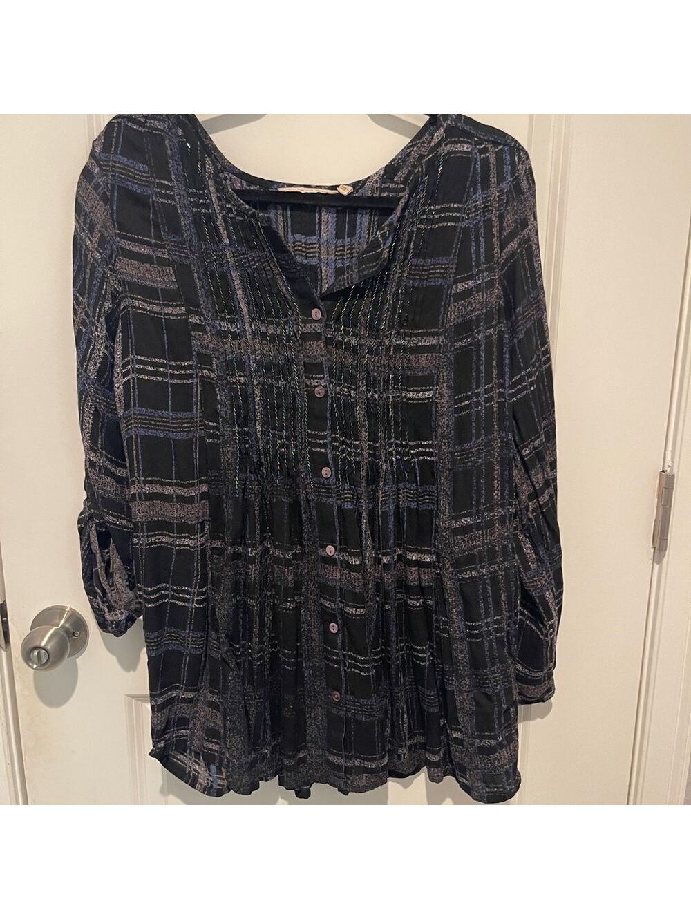 Soft Surroundings Black and Purple/Blue Checkered Blouse